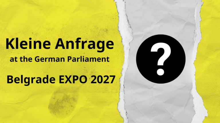 Banner announcing 'Kleine Anfrage at the German Parliament' for Belgrade EXPO 2027, with a large question mark on the right.