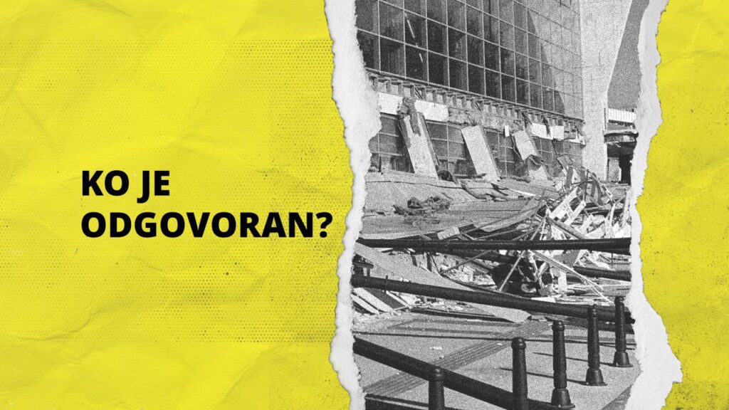 Infographic-style image with bold text 'KO JE ODGOVORAN?' on a bright yellow background and a torn edge revealing a black-and-white photo of collapsed scaffolding and debris outside a building, suggesting an investigation into who is responsible.
