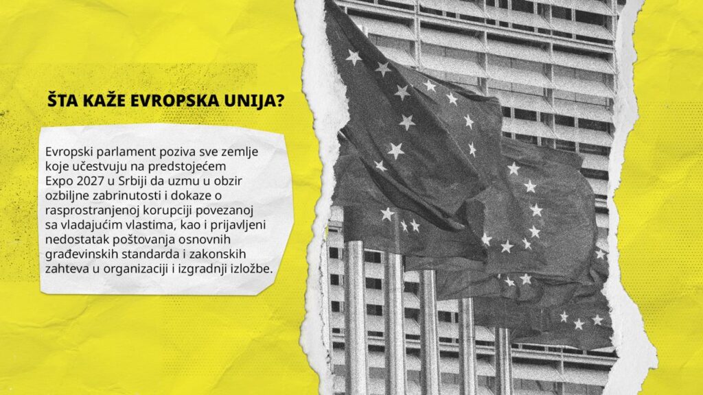 eu rs - EXPOsed Informational collage: yellow background, torn paper note with Serbian text about the EU inviting countries to Expo 2027 in Serbia, overlayed on a grayscale building with EU flags at the right.