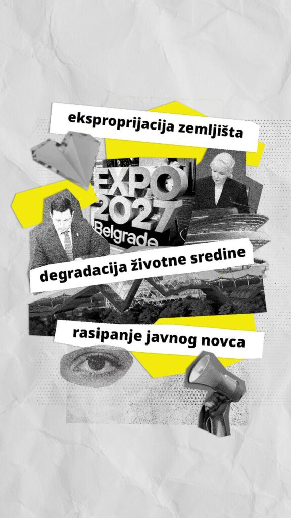 Collage poster in grayscale with yellow shapes and torn strips of text reading expropriation of land, environmental degradation, and wasteful spending; includes a megaphone and eye image.