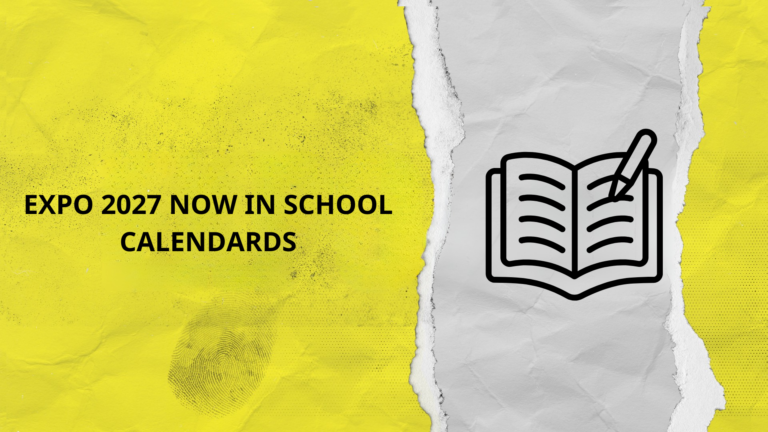 Banner announcing 'EXPO 2027 NOW IN SCHOOL CALENDARDS' with a torn-paper gray section showing an open-book and pencil icon on the right.