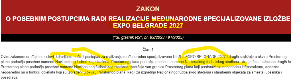 Red banner announcing a law on special procedures for the EXPO BELGRADE 2027, followed by a black subtitle line and a Serbian legal document excerpt with yellow highlighted terms.
